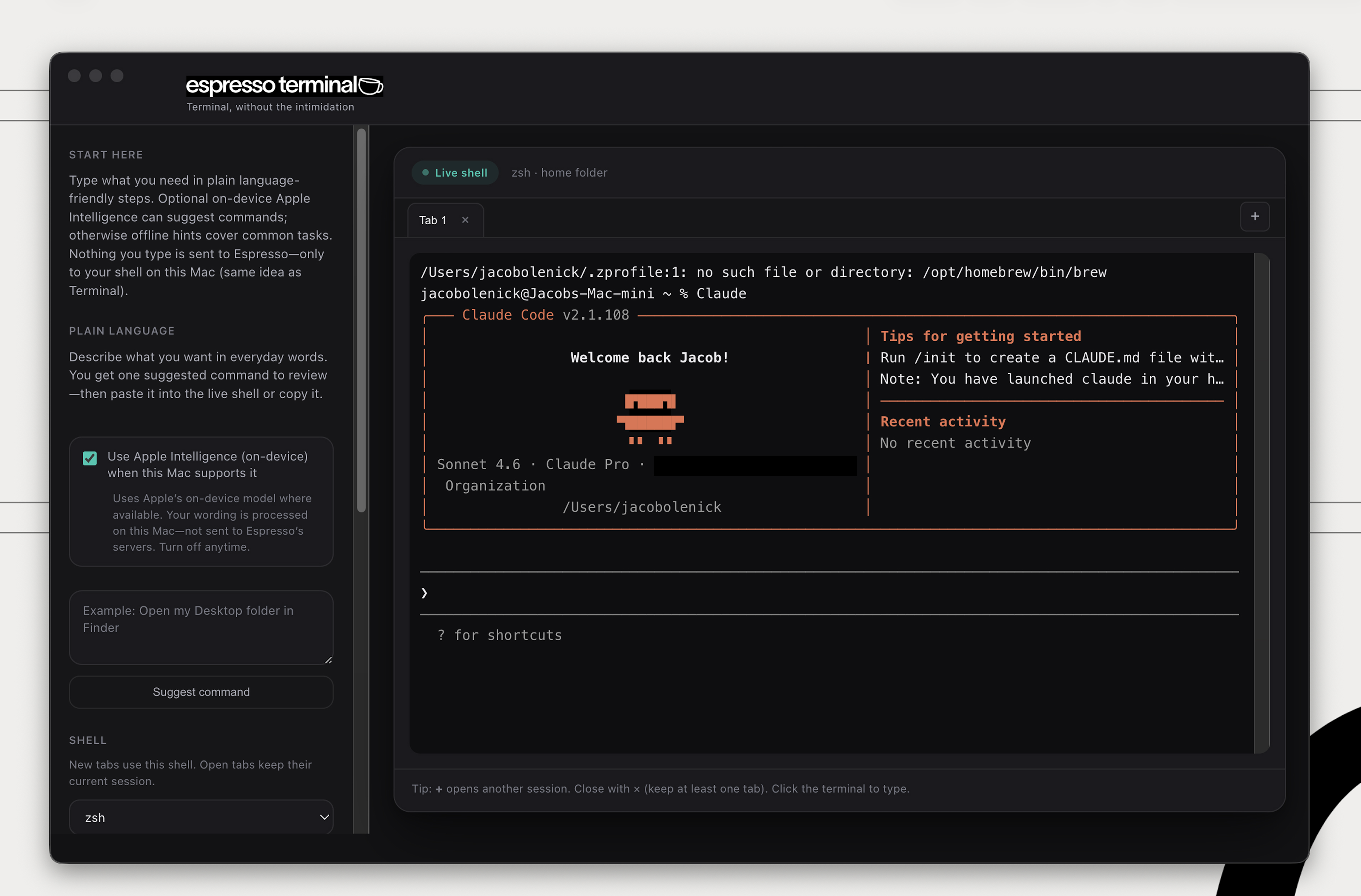 Claude Code v2.1.108 welcome screen running inside Espresso Terminal.