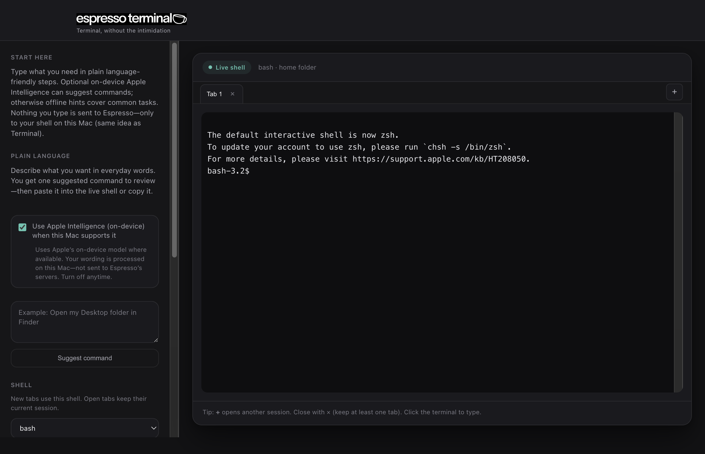 Espresso Terminal in dark mode with sidebar: Plain language, Apple Intelligence, and shell options.