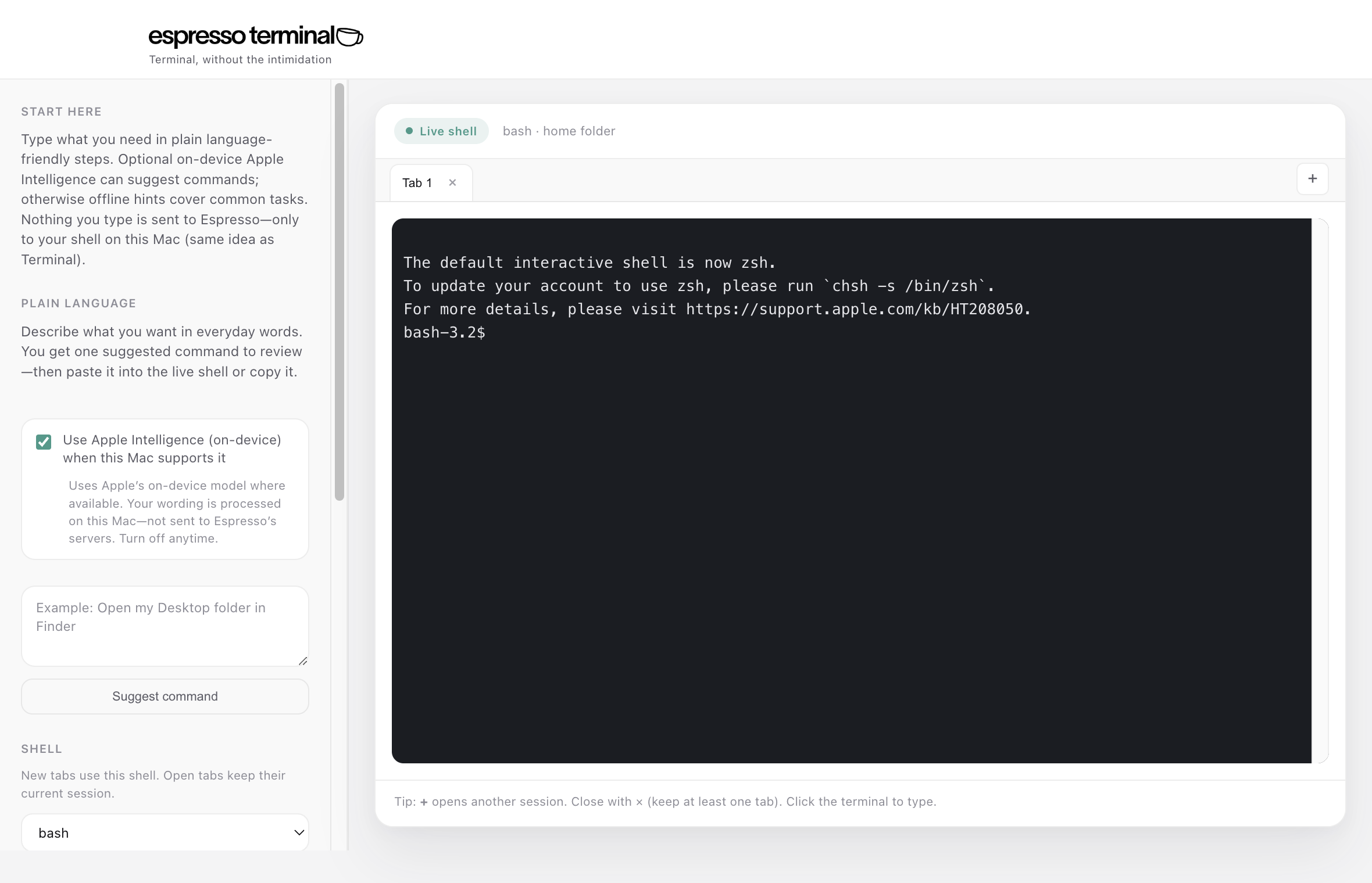 Espresso Terminal in light mode with sidebar: Plain language, Apple Intelligence, and shell options.